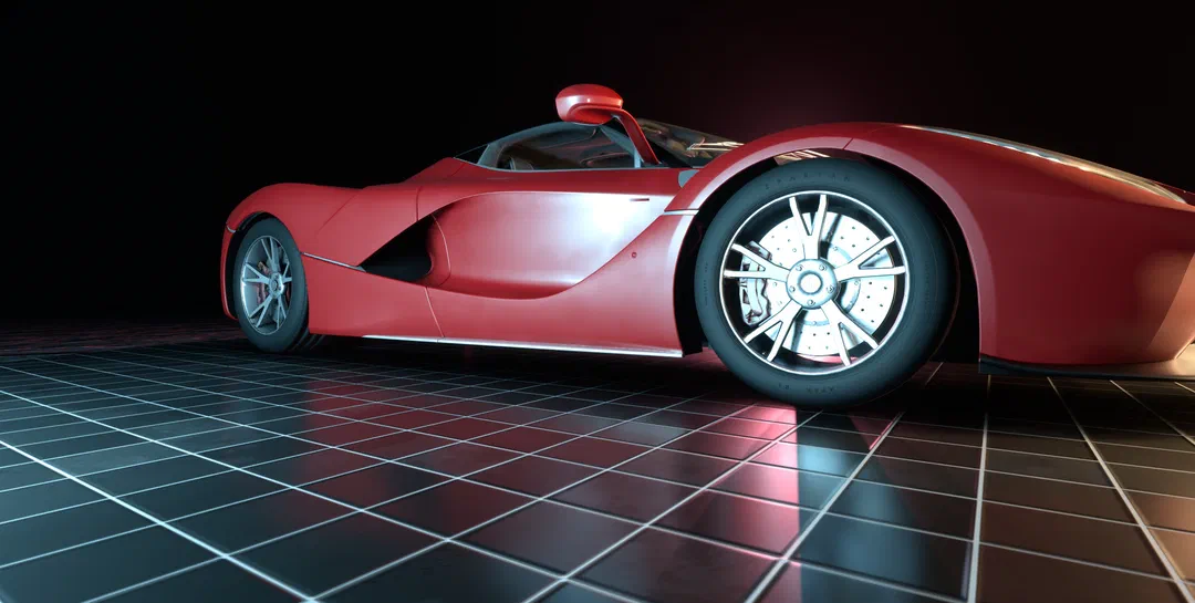 Close-up of the LaFerrari's flank, clearcoat reflecting the showroom lights