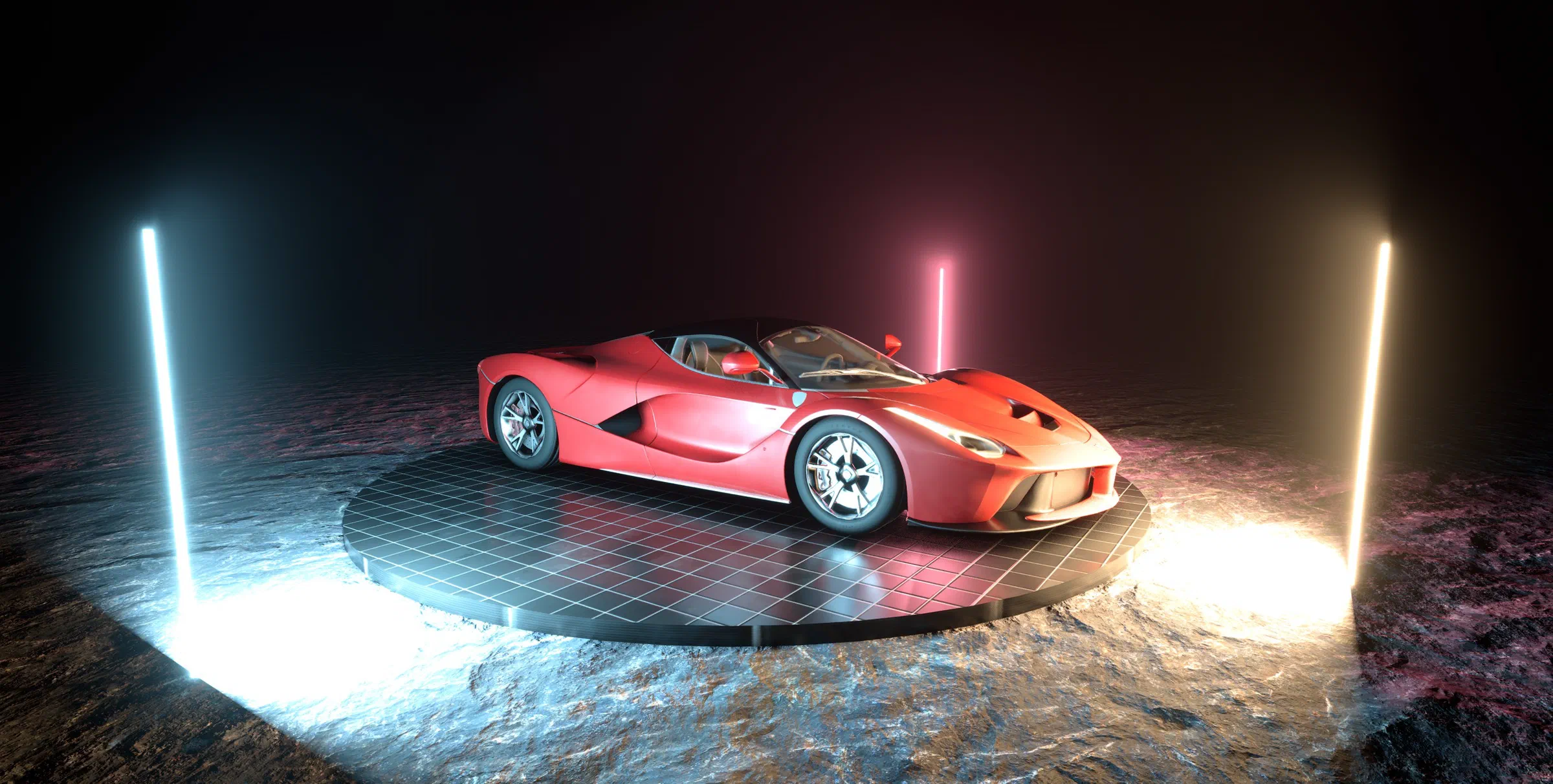 A red LaFerrari in a neon-lit showroom, rendered in Spartan Engine with path-traced lighting