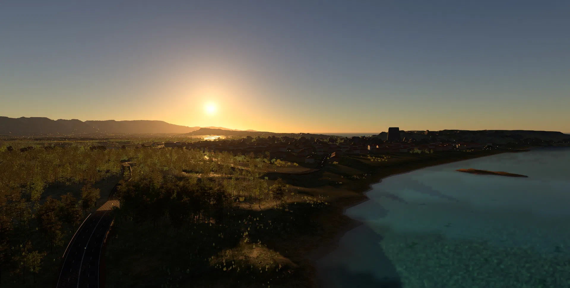 Sunset over a town, forests and a turquoise bay on the Zakynthos island world in Spartan Engine