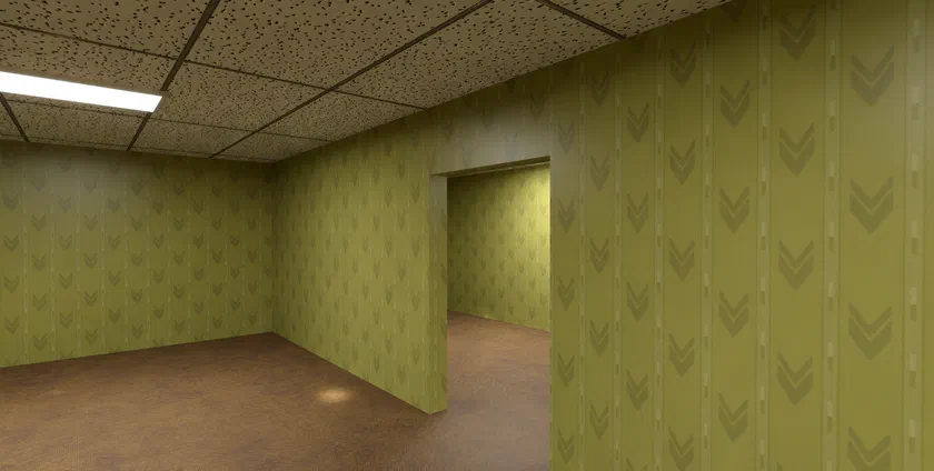 Yellow-papered liminal office rooms under a fluorescent ceiling panel, rendered in Spartan Engine