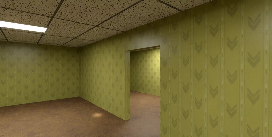 Yellow-papered liminal office rooms under a fluorescent ceiling panel