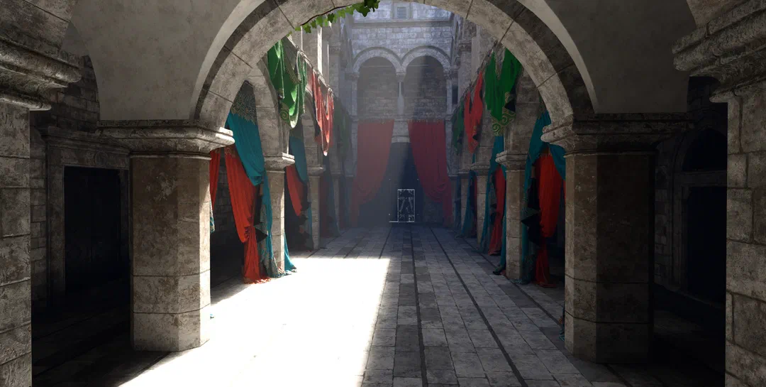 The Sponza atrium with curtains and ivy, lit by path-traced global illumination