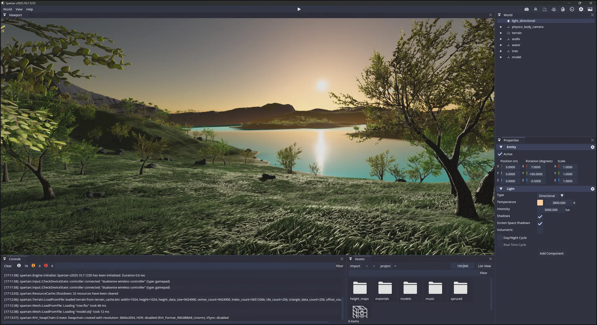 The Spartan Engine editor rendering a procedural forest at sunset, with the scene hierarchy, inspector and profiler visible
