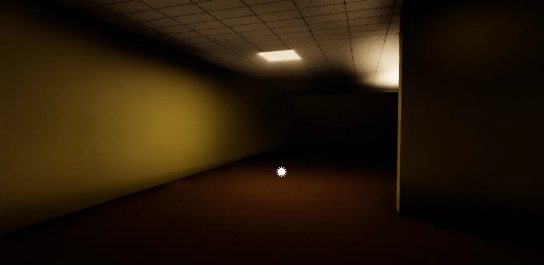 A dim liminal corridor with a single ceiling light, rendered with real-time global illumination