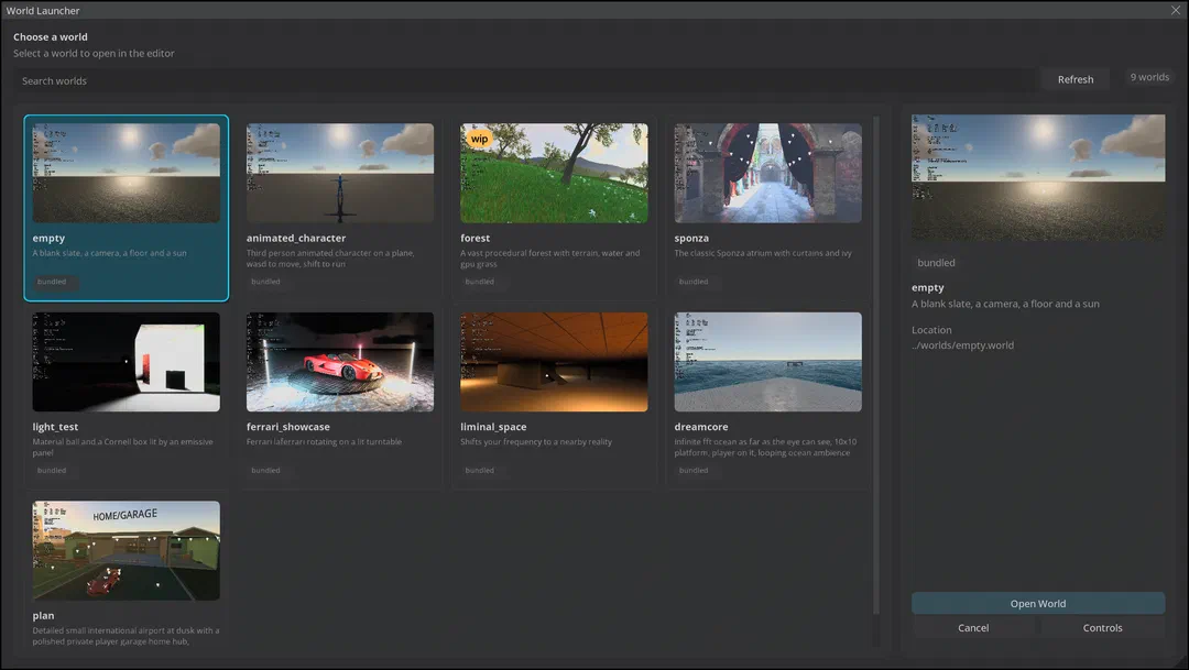 The Spartan Engine world launcher showing nine selectable worlds