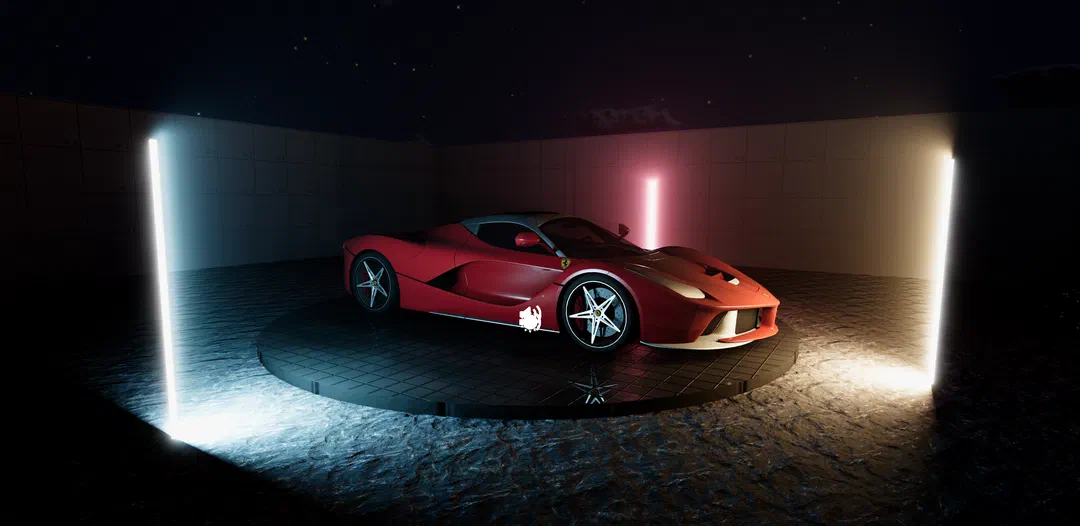 A LaFerrari on a lit turntable, rendered with path-traced global illumination and ray-traced reflections