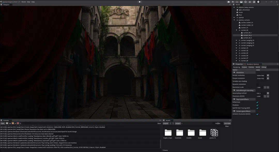 The Sponza atrium with curtains and ivy, open in the Spartan Engine editor