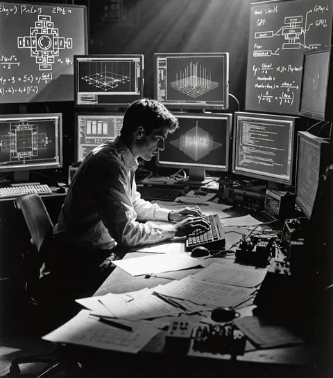 Panos Karabelas at a desk surrounded by monitors and hand-drawn GPU diagrams