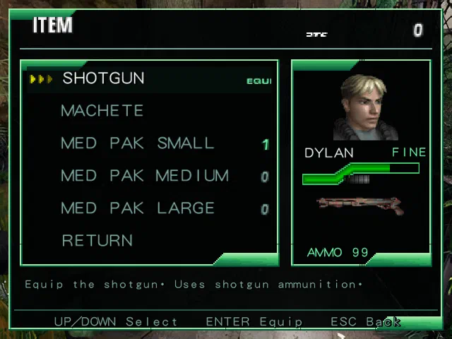 The native inventory showing Dylan's health, weapons and Med Pak quantities