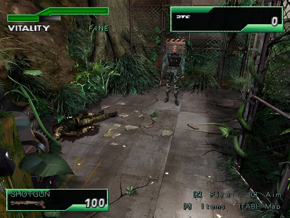Dylan in the opening jungle room with upgraded scenery and the native gameplay HUD