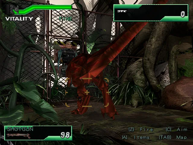 Dylan aiming at a raptor in the native jungle gameplay