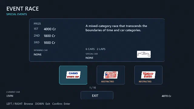 The rebuilt Event Race menu with native text, course information and a horizontal event selector